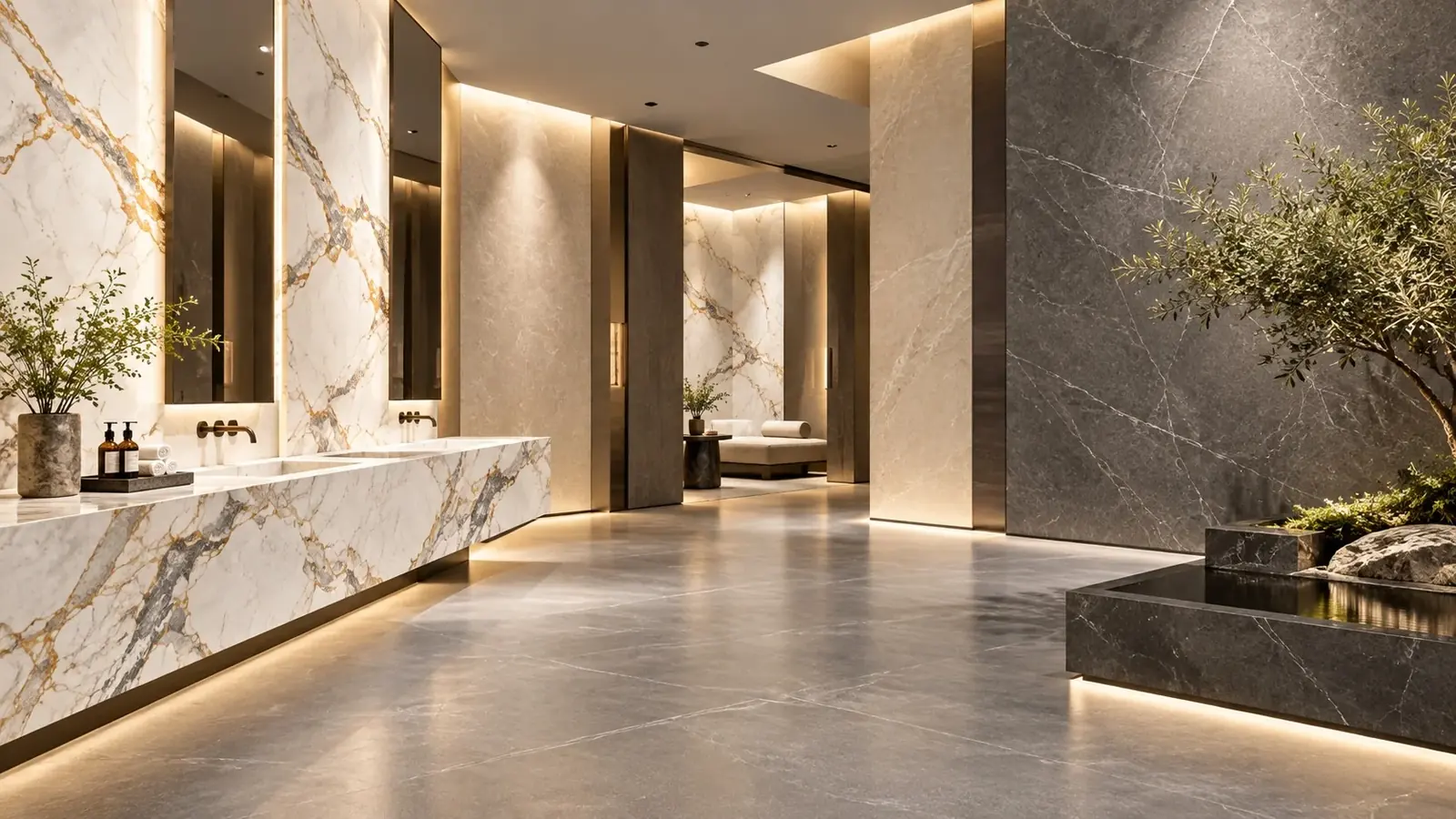 Aplikasi sintered stone pada kamar mandi dan area basah