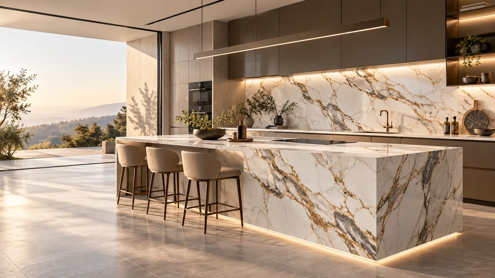 Motif custom sintered stone pada proyek dapur